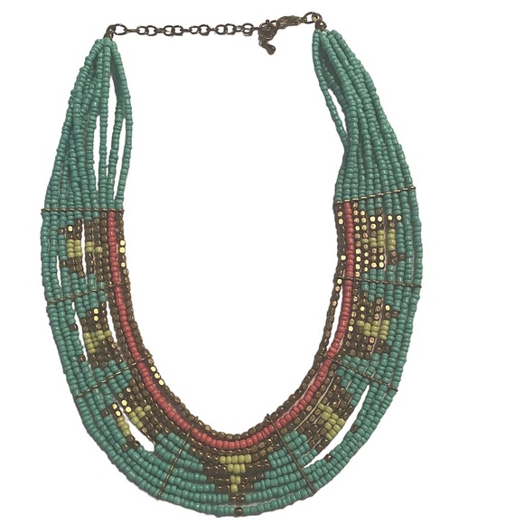 Gorgeous Turquoise Gold Pink Beaded 1.5" Collar Multistrand Statement Necklace - Picture 2 of 2